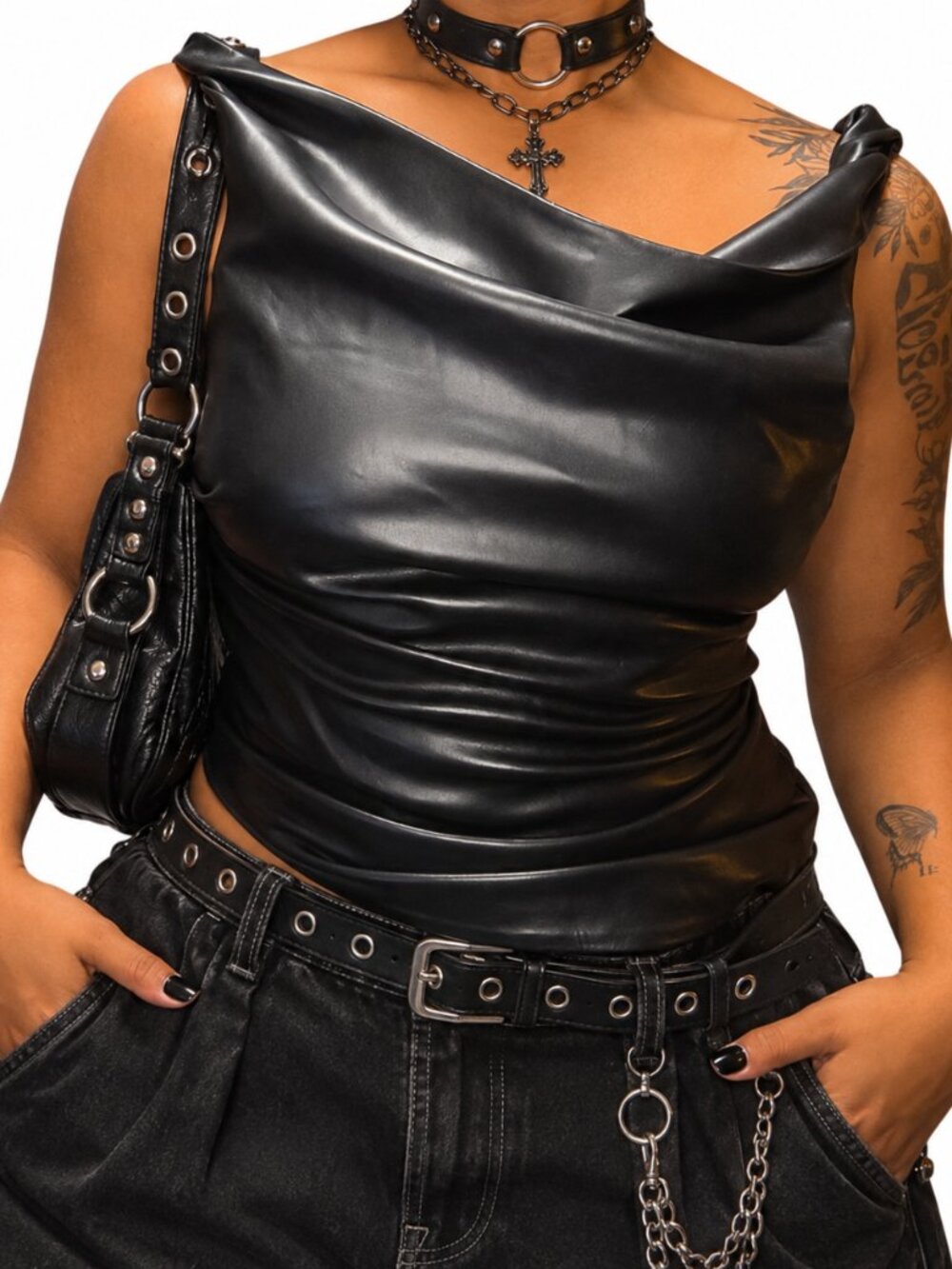 MNG Mango Black Faux Leather Draped Cowl-Neck Tank Top | Goth Y2K
